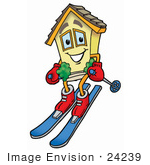 #24239 Clip Art Graphic Of A Yellow Residential House Cartoon Character Skiing Downhill