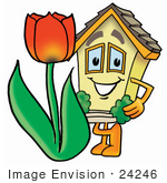 #24246 Clip Art Graphic Of A Yellow Residential House Cartoon Character With A Red Tulip Flower In The Spring