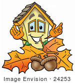 #24253 Clip Art Graphic Of A Yellow Residential House Cartoon Character With Autumn Leaves And Acorns In The Fall