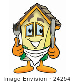 #24254 Clip Art Graphic Of A Yellow Residential House Cartoon Character Holding A Knife And Fork