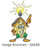 #24259 Clip Art Graphic Of A Yellow Residential House Cartoon Character With A Bright Idea