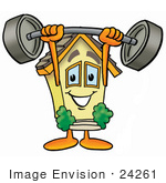 #24261 Clip Art Graphic Of A Yellow Residential House Cartoon Character Holding A Heavy Barbell Above His Head