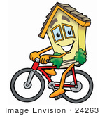 #24263 Clip Art Graphic Of A Yellow Residential House Cartoon Character Riding A Bicycle