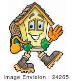 #24265 Clip Art Graphic Of A Yellow Residential House Cartoon Character Hiking And Carrying A Backpack
