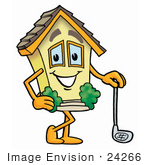 #24266 Clip Art Graphic Of A Yellow Residential House Cartoon Character Leaning On A Golf Club While Golfing