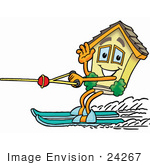 #24267 Clip Art Graphic Of A Yellow Residential House Cartoon Character Waving While Water Skiing