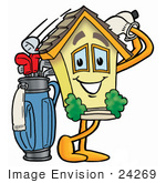 #24269 Clip Art Graphic Of A Yellow Residential House Cartoon Character Swinging His Golf Club While Golfing