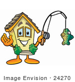 #24270 Clip Art Graphic Of A Yellow Residential House Cartoon Character Holding A Fish On A Fishing Pole