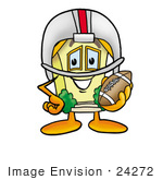 #24272 Clip Art Graphic Of A Yellow Residential House Cartoon Character In A Helmet Holding A Football