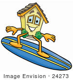 #24273 Clip Art Graphic Of A Yellow Residential House Cartoon Character Surfing On A Blue And Yellow Surfboard