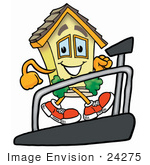 #24275 Clip Art Graphic Of A Yellow Residential House Cartoon Character Walking On A Treadmill In A Fitness Gym