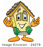 #24278 Clip Art Graphic Of A Yellow Residential House Cartoon Character With Welcoming Open Arms