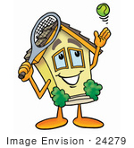 #24279 Clip Art Graphic Of A Yellow Residential House Cartoon Character Preparing To Hit A Tennis Ball