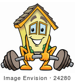 #24280 Clip Art Graphic Of A Yellow Residential House Cartoon Character Lifting A Heavy Barbell