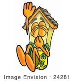 #24281 Clip Art Graphic Of A Yellow Residential House Cartoon Character Plugging His Nose While Jumping Into Water