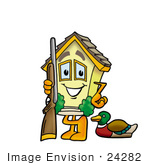 #24282 Clip Art Graphic Of A Yellow Residential House Cartoon Character Duck Hunting Standing With A Rifle And Duck
