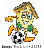 #24283 Clip Art Graphic Of A Yellow Residential House Cartoon Character Kicking A Soccer Ball