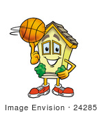 #24285 Clip Art Graphic Of A Yellow Residential House Cartoon Character Spinning A Basketball On His Finger