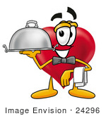 #24296 Clip Art Graphic Of A Red Love Heart Cartoon Character Dressed As A Waiter And Holding A Serving Platter
