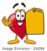 #24299 Clip Art Graphic Of A Red Love Heart Cartoon Character Holding A Yellow Sales Price Tag
