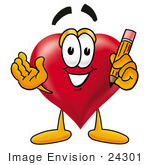 #24301 Clip Art Graphic Of A Red Love Heart Cartoon Character Holding A Pencil