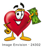 #24302 Clip Art Graphic Of A Red Love Heart Cartoon Character Holding A Dollar Bill