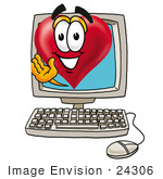 #24306 Clip Art Graphic Of A Red Love Heart Cartoon Character Waving From Inside A Computer Screen