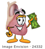#24332 Clip Art Graphic Of A Human Heart Cartoon Character Holding A Dollar Bill