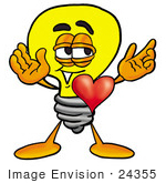 #24355 Clip Art Graphic Of A Yellow Electric Lightbulb Cartoon Character With His Heart Beating Out Of His Chest