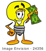 #24356 Clip Art Graphic Of A Yellow Electric Lightbulb Cartoon Character Holding A Dollar Bill