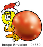 #24362 Clip Art Graphic Of A Yellow Electric Lightbulb Cartoon Character Wearing A Santa Hat Standing With A Christmas Bauble
