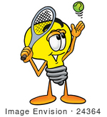 #24364 Clip Art Graphic Of A Yellow Electric Lightbulb Cartoon Character Preparing To Hit A Tennis Ball