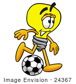 #24367 Clip Art Graphic Of A Yellow Electric Lightbulb Cartoon Character Kicking A Soccer Ball