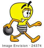 #24374 Clip Art Graphic Of A Yellow Electric Lightbulb Cartoon Character Holding A Bowling Ball