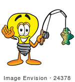 #24378 Clip Art Graphic Of A Yellow Electric Lightbulb Cartoon Character Holding A Fish On A Fishing Pole