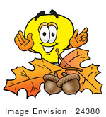 #24380 Clip Art Graphic Of A Yellow Electric Lightbulb Cartoon Character With Autumn Leaves And Acorns In The Fall