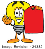 #24382 Clip Art Graphic Of A Yellow Electric Lightbulb Cartoon Character Holding A Red Sales Price Tag