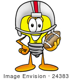 #24383 Clip Art Graphic Of A Yellow Electric Lightbulb Cartoon Character In A Helmet Holding A Football