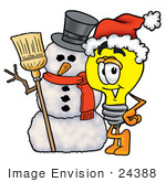 #24388 Clip Art Graphic Of A Yellow Electric Lightbulb Cartoon Character With A Snowman On Christmas