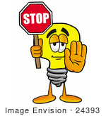 #24393 Clip Art Graphic Of A Yellow Electric Lightbulb Cartoon Character Holding A Stop Sign