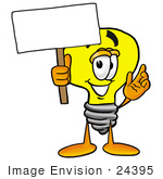 #24395 Clip Art Graphic Of A Yellow Electric Lightbulb Cartoon Character Holding A Blank Sign