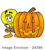 #24396 Clip Art Graphic Of A Yellow Electric Lightbulb Cartoon Character With A Carved Halloween Pumpkin