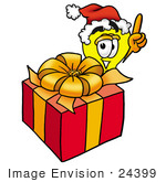 #24399 Clip Art Graphic Of A Yellow Electric Lightbulb Cartoon Character Standing By A Christmas Present