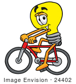 #24402 Clip Art Graphic Of A Yellow Electric Lightbulb Cartoon Character Riding A Bicycle