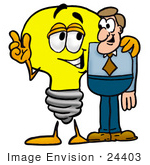 #24403 Clip Art Graphic Of A Yellow Electric Lightbulb Cartoon Character Talking To A Business Man
