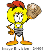 #24404 Clip Art Graphic Of A Yellow Electric Lightbulb Cartoon Character Catching A Baseball With A Glove