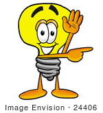 #24406 Clip Art Graphic Of A Yellow Electric Lightbulb Cartoon Character Waving And Pointing