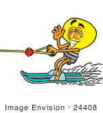 #24408 Clip Art Graphic Of A Yellow Electric Lightbulb Cartoon Character Waving While Water Skiing