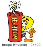 #24409 Clip Art Graphic Of A Yellow Electric Lightbulb Cartoon Character Standing With A Lit Stick Of Dynamite