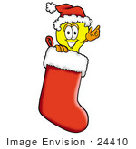 #24410 Clip Art Graphic Of A Yellow Electric Lightbulb Cartoon Character Wearing A Santa Hat Inside A Red Christmas Stocking